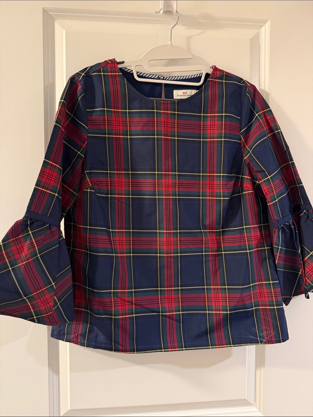 Vineyard Vines Navy, Red & Yellow Plaid Bell-Sleeve Blouse